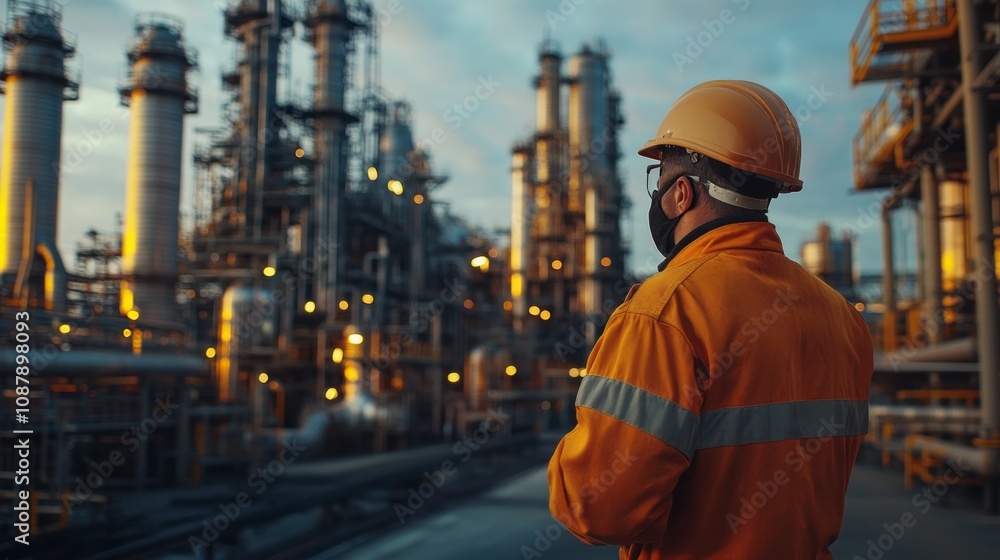 A worker standing with his back to the camera on an offshore oil rig wearing a safety helmet with space for text or captions A worker standing with his back to the camera on an offshore oil rig wearing a safety helmet with space for text or captions