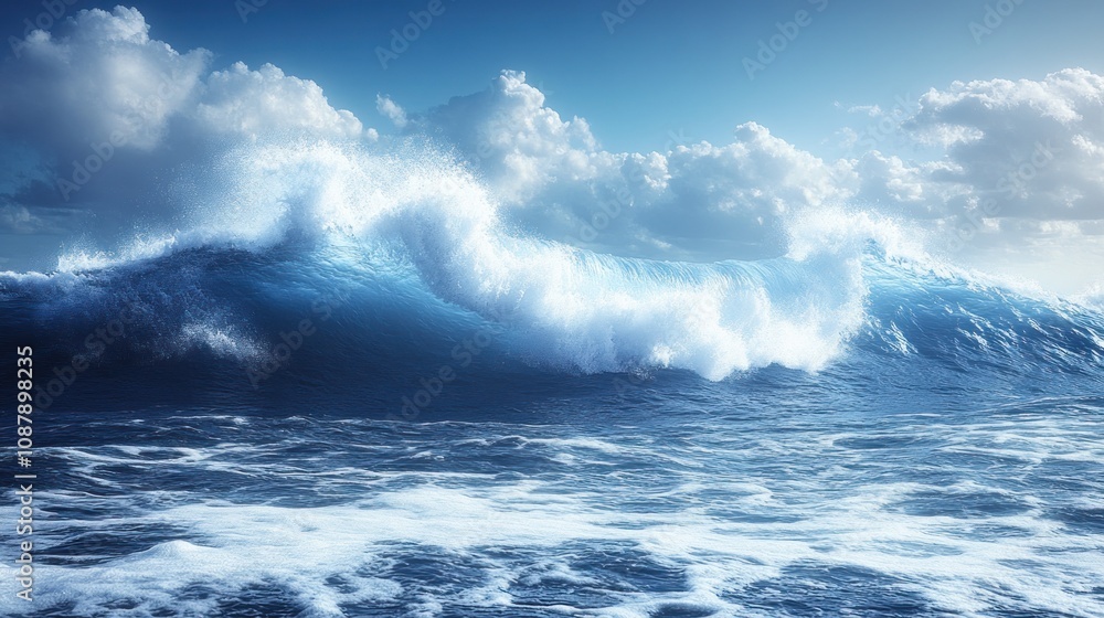Dramatic ocean wave crashing under a cloudy sky. Dramatic ocean wave crashing under a cloudy sky.