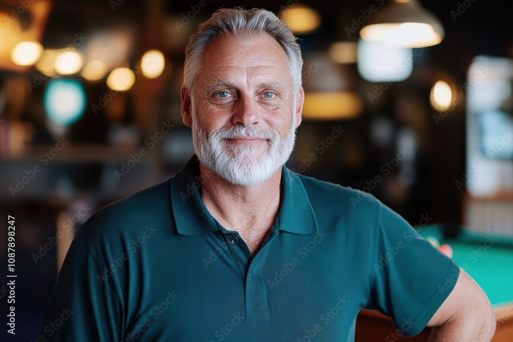 A man with a gray beard and green shirt stands confidently in a pool room, conveying a sense of relaxation and leisure against a backdrop of muted lighting and décor. A man with a gray beard and green shirt stands confidently in a pool room, conveying a sense of relaxation and leisure against a backdrop of muted lighting and décor.