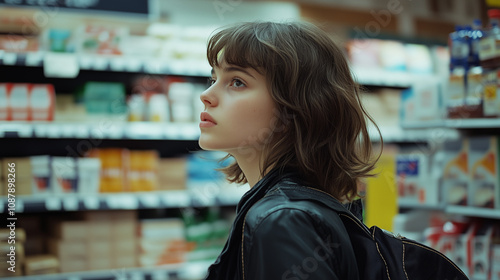 Fashionable college student browsing and selecting items in a supermarket aisle
