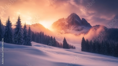 Wallpaper Mural Beautiful winter mountain landscape with fir trees or forest and beautiful sunset in the background with space for text or inscriptions Torontodigital.ca