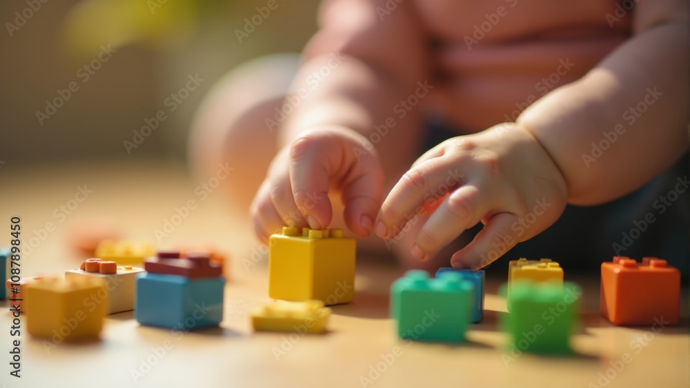 Young child engages in creative building play with colorful blocks on wooden floor at home Young child engages in creative building play with colorful blocks on wooden floor at home