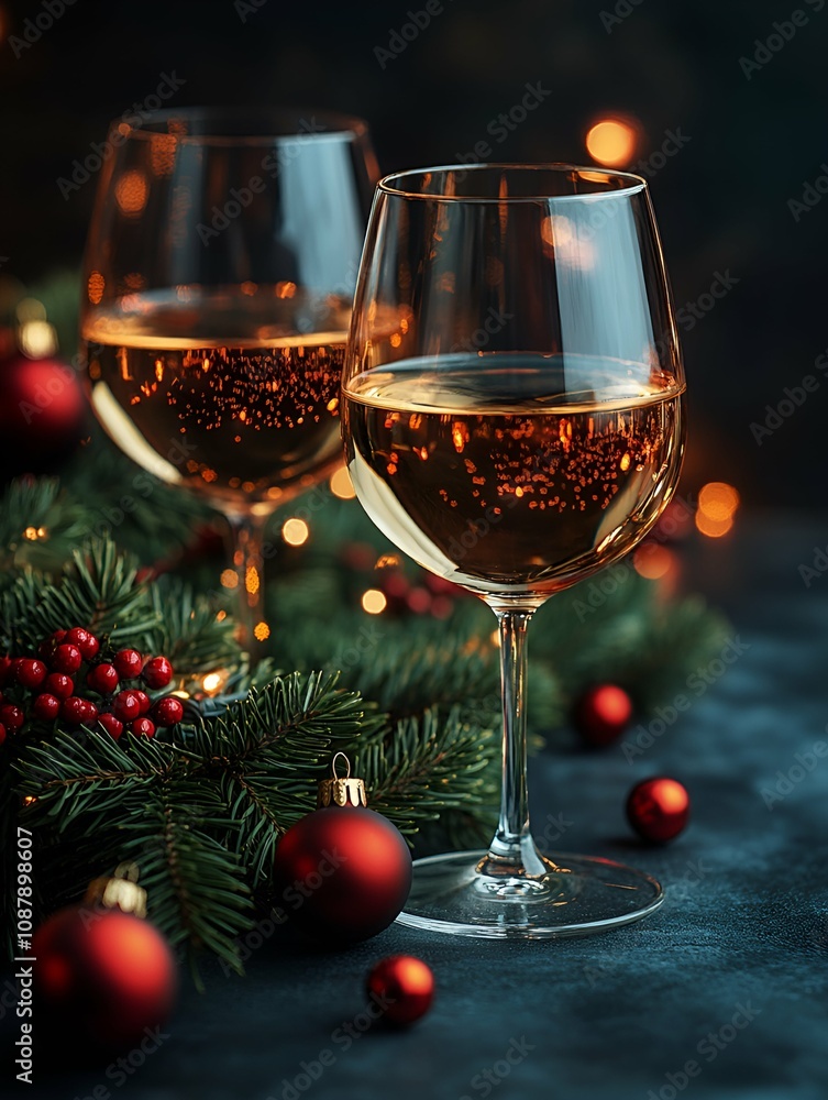 Glasses of wine and Christmas decorations Glasses of wine and Christmas decorations