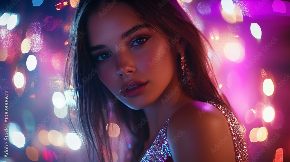 Elegant close up portrait of young woman in shiny dress on slightly blurred disco background with space for text or inscriptions Elegant close up portrait of young woman in shiny dress on slightly blurred disco background with space for text or inscriptions