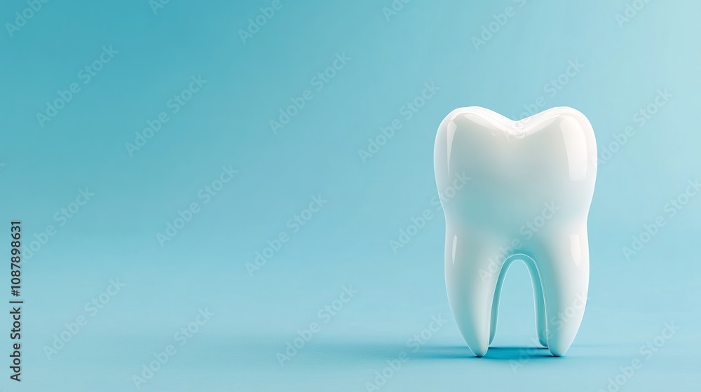 Bright white healthy shiny tooth with roots on empty light blue background with space for text or inscriptions, banner or dental background Bright white healthy shiny tooth with roots on empty light blue background with space for text or inscriptions, banner or dental background