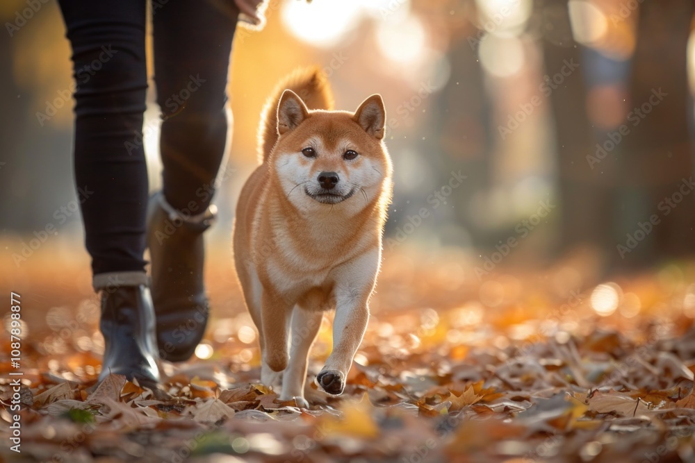 A person walking a dog in a leafy field, possibly a autumn scene A person walking a dog in a leafy field, possibly a autumn scene