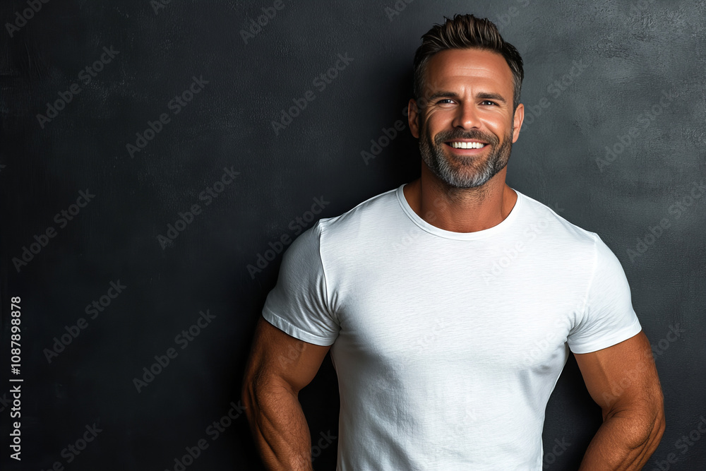 Portrait of a Confident Smiling Man in a White T-shirt Against a Dark Background, Depicting Positivity, Charm, and Style for Personal Branding and Lifestyle Concepts