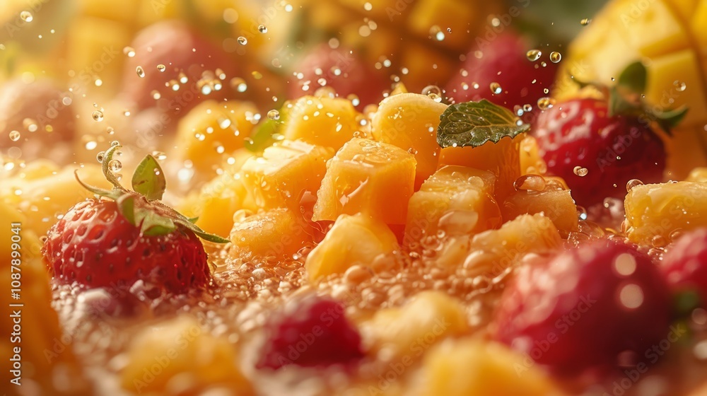 Fresh pineapple and strawberry pieces submerged in water, with water droplets splashing. Fresh pineapple and strawberry pieces submerged in water, with water droplets splashing.