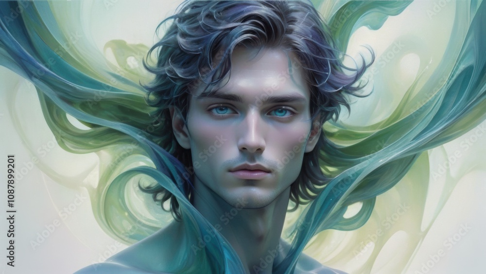 Ethereal male portrait with fluid elements and green and blue tones Ethereal male portrait with fluid elements and green and blue tones