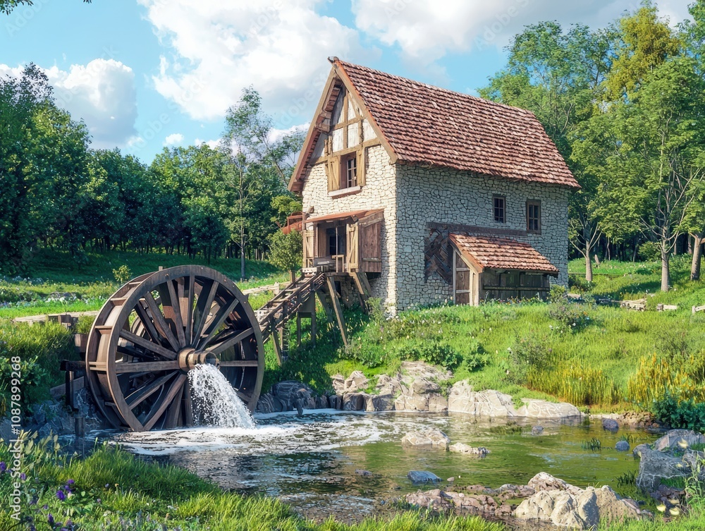 Serene Countryside Scene Featuring a Rustic Water Mill Surrounded by Lush Green Landscape and Clear Blue Sky, Ideal for Nature and Peaceful Living Themes Serene Countryside Scene Featuring a Rustic Water Mill Surrounded by Lush Green Landscape and Clear Blue Sky, Ideal for Nature and Peaceful Living Themes