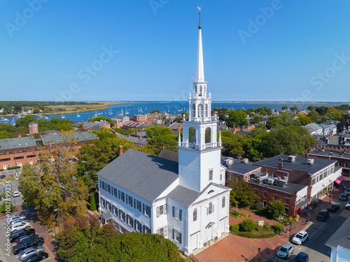 Newburyport historic downtown aerial view including First Religious Society Unitarian Universalist Church with Merrimack River at the background, city of Newburyport, Massachusetts, MA, USA. photo