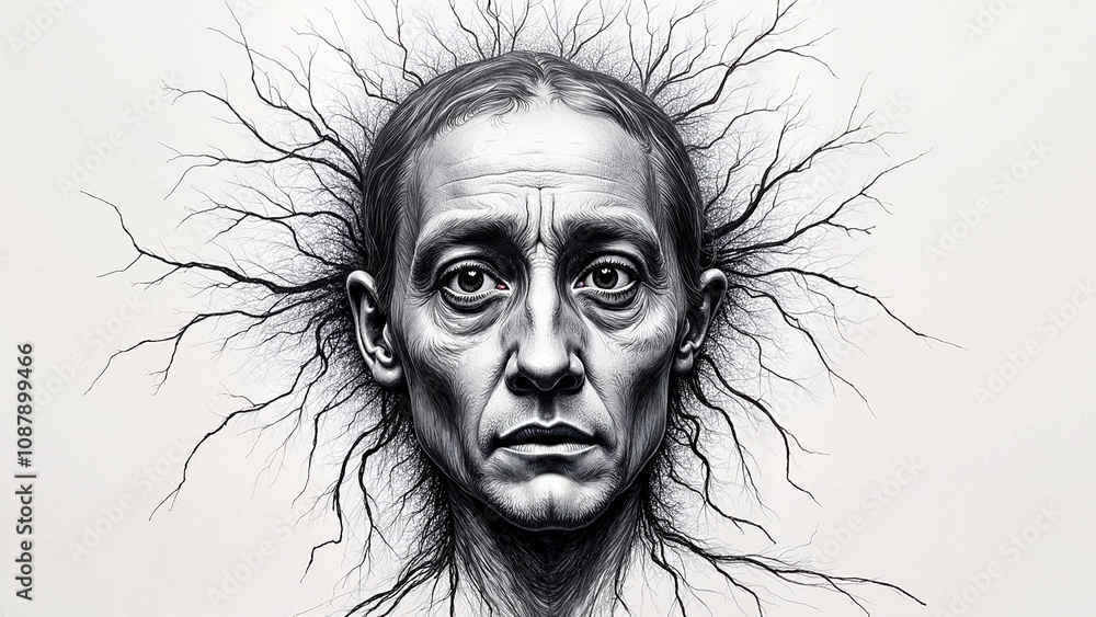 Surreal Portrait of an Older Man with Branch-Like Hair in Black and White Illustration Surreal Portrait of an Older Man with Branch-Like Hair in Black and White Illustration