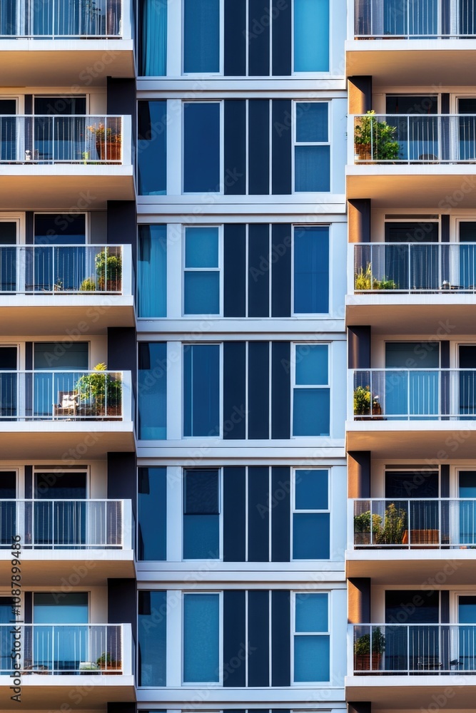 A modern skyscraper with multiple balconies, ideal for architecture or cityscape scenes