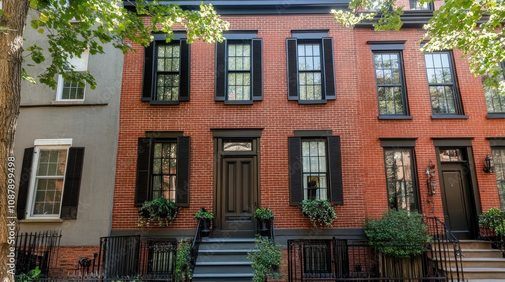 Naklejka premium Brick Townhouse with Black Shutters