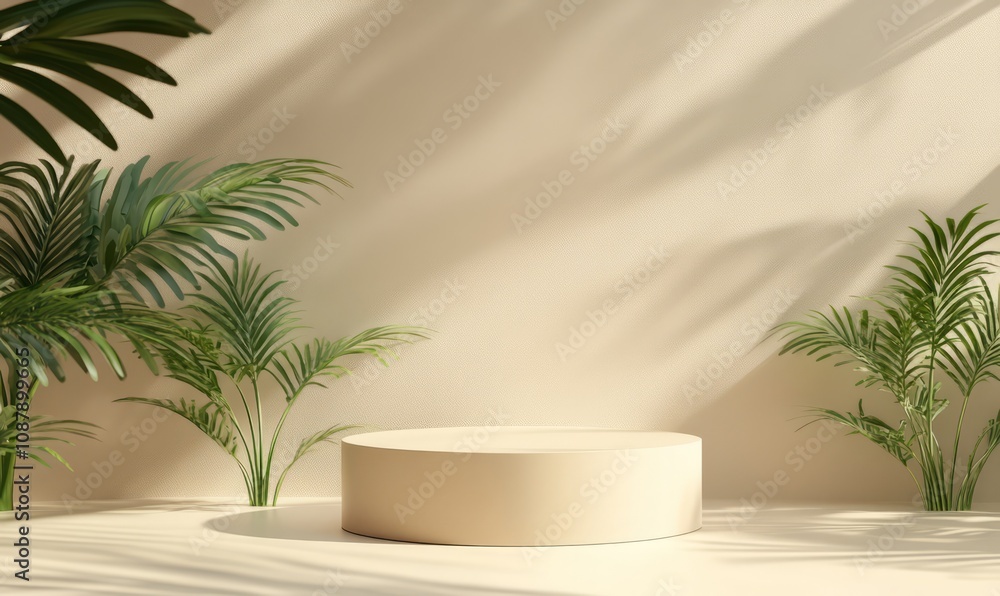 Geometric beige color 3d podium background rendering with green plant leaves. Geometric beige color 3d podium background rendering with green plant leaves.
