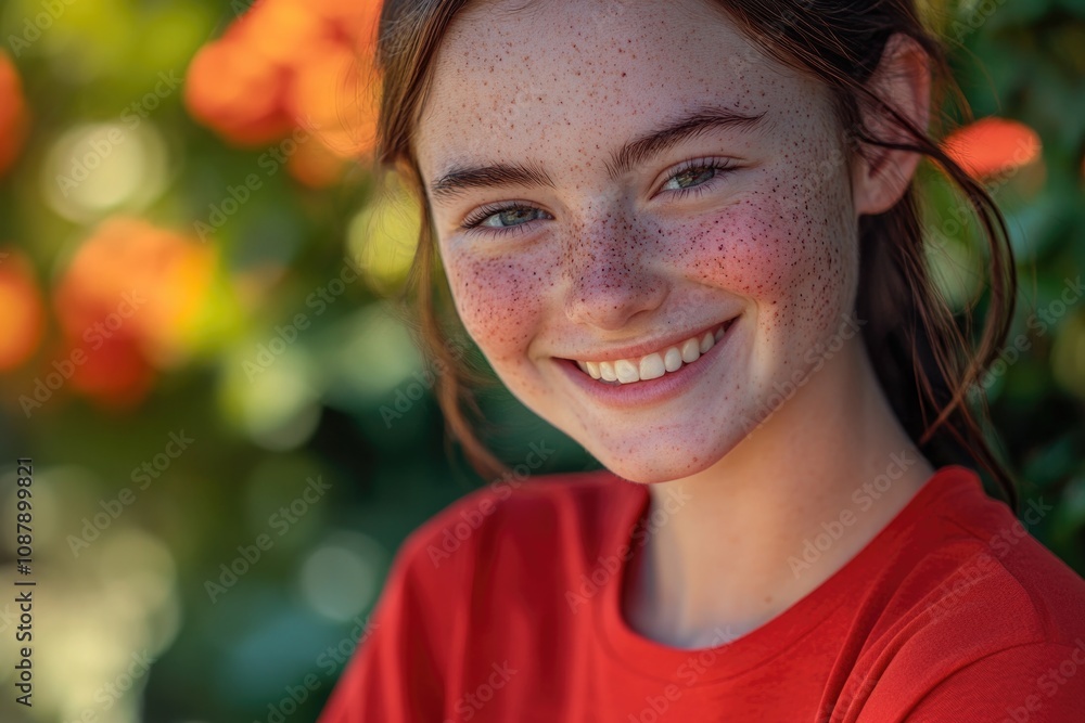 A happy woman with freckles on her face, smiling for the camera A happy woman with freckles on her face, smiling for the camera