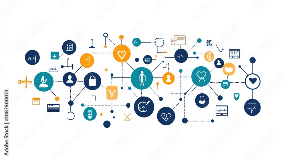 Abstract illustration of a network of interconnected icons related to healthcare, medicine, and technology. Abstract illustration of a network of interconnected icons related to healthcare, medicine, and technology.