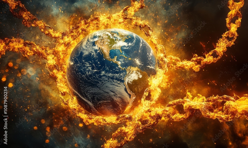 Digital artwork depicting the Earth surrounded by glowing, molten chains Digital artwork depicting the Earth surrounded by glowing, molten chains
