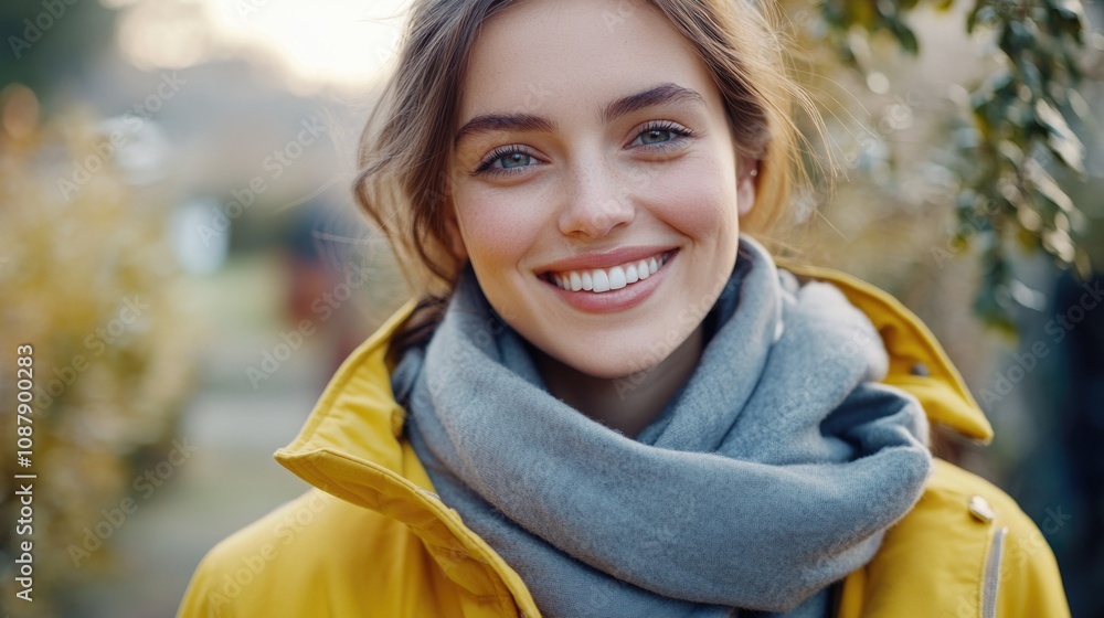 A smiling woman wearing a yellow jacket and a gray scarf, suitable for use in outdoor or travel-related contexts A smiling woman wearing a yellow jacket and a gray scarf, suitable for use in outdoor or travel-related contexts