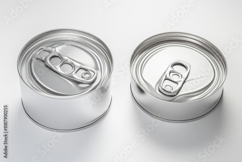 Two empty cans with shiny silver coating, side by side photo