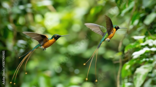 Two Magnificent Booted Racket-tails in Flight photo