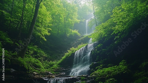 Lush green forest waterfall cascading down mossy rocks.