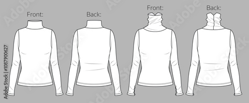 Vector turtle neck long sleeved t shirt fashion CAD, woman winter top with frill details technical drawing, template, sketch, flat, mock-up. Jersey or rib fabric top with front, back view, white color