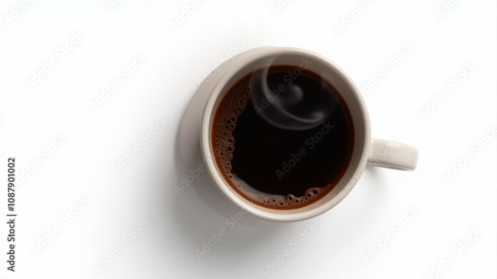 A warm cup of black coffee rests on a clean white surface in a cozy morning atmosphere A warm cup of black coffee rests on a clean white surface in a cozy morning atmosphere