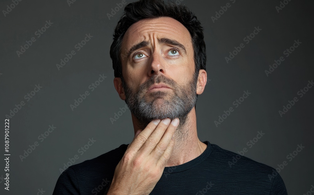 Man contemplating with hand on chin against dark background Man contemplating with hand on chin against dark background