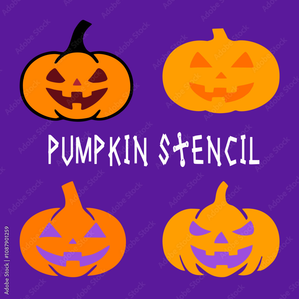 Pumpkin Stencil for Halloween. This digital illustration features four different pumpkin stencils for Halloween, perfect for carving or decorating. They feature classic jack-o'-lantern faces. Pumpkin Stencil for Halloween. This digital illustration features four different pumpkin stencils for Halloween, perfect for carving or decorating. They feature classic jack-o'-lantern faces.