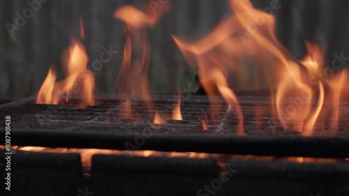 The fire burns through the grill grate