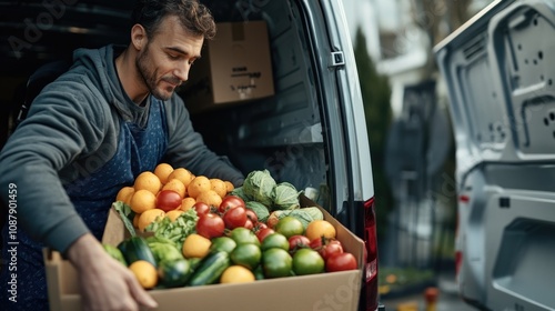 Fototapeta Naklejka Na Ścianę i Meble -  A person carrying a box of fresh produce into the rear compartment of a vehicle