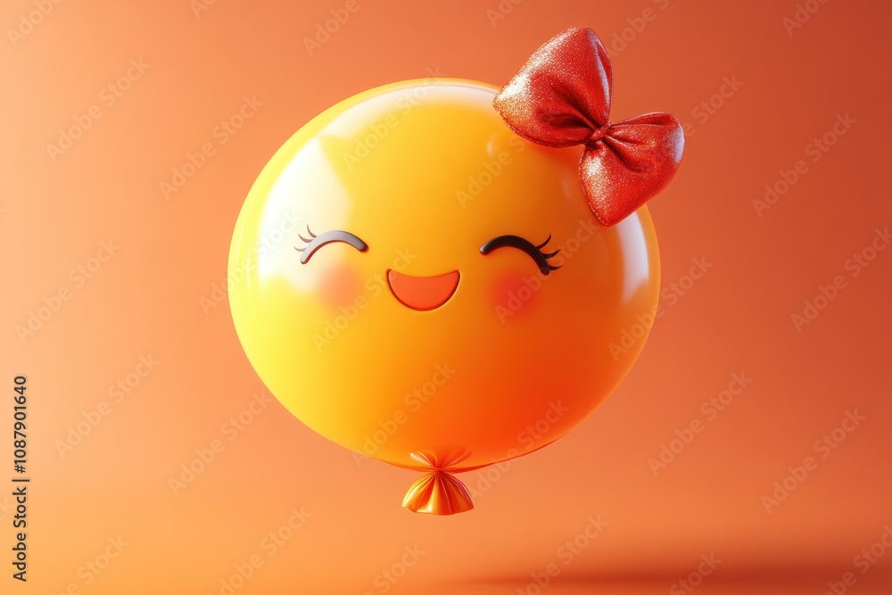 A cheerful yellow balloon with a red bow and a smiling face, against an orange background. A cheerful yellow balloon with a red bow and a smiling face, against an orange background.