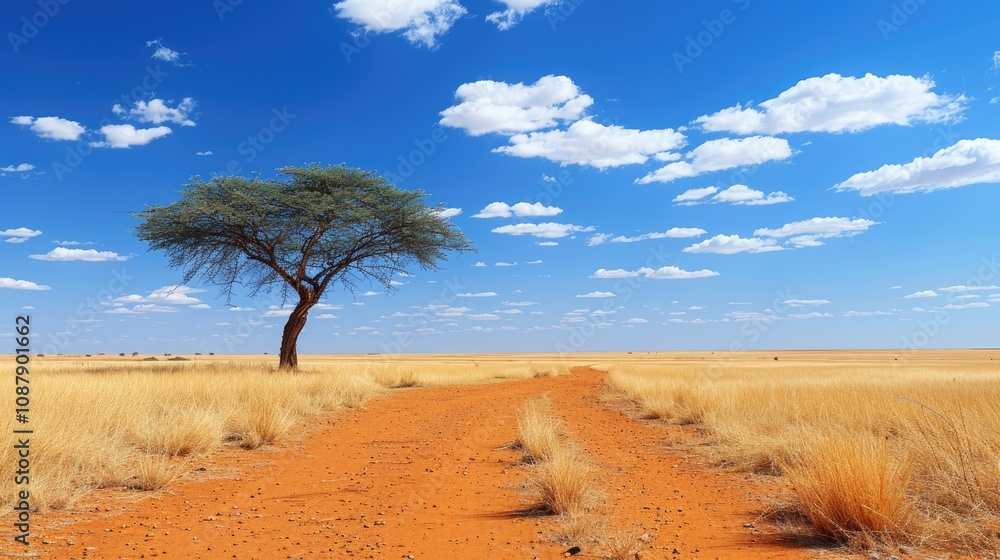 Solitary tree stands tall on a desolate road in the arid landscape of the savannah Solitary tree stands tall on a desolate road in the arid landscape of the savannah