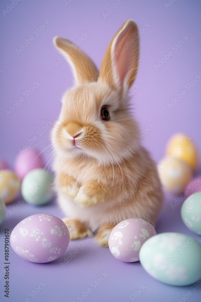 Fototapeta premium A small rabbit sits surrounded by Easter eggs on a purple background