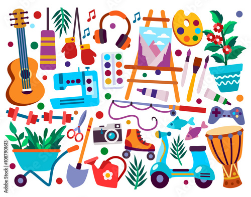 Art supplies, tools set. Hobby items set. Vector illustration