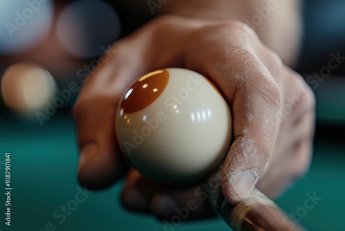 Close-up of a billiard ball balanced on a pool cue, showcasing the precision and delicacy required in the game of billiards. The image exudes anticipation and focus. photo