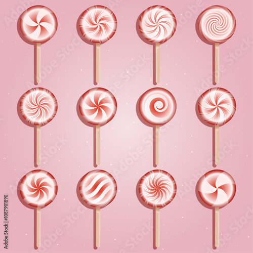 Collection of red and white lollypops on pink background.