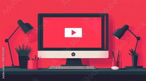 A desktop computer with a red background and a YouTube icon on the screen.