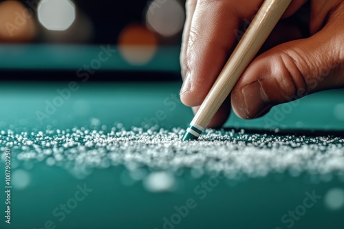 A close-up view of a hand applying chalk to a pool cue tip, readying the tool for play on a textured, green billiard table, embodying focus and precision. photo