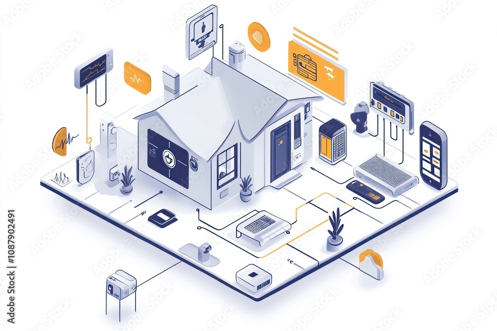 An isometric illustration of a smart home with various connected devices, including a smartphone, tablet, laptop, and security camera, all linked to the house's network. An isometric illustration of a smart home with various connected devices, including a smartphone, tablet, laptop, and security camera, all linked to the house's network.