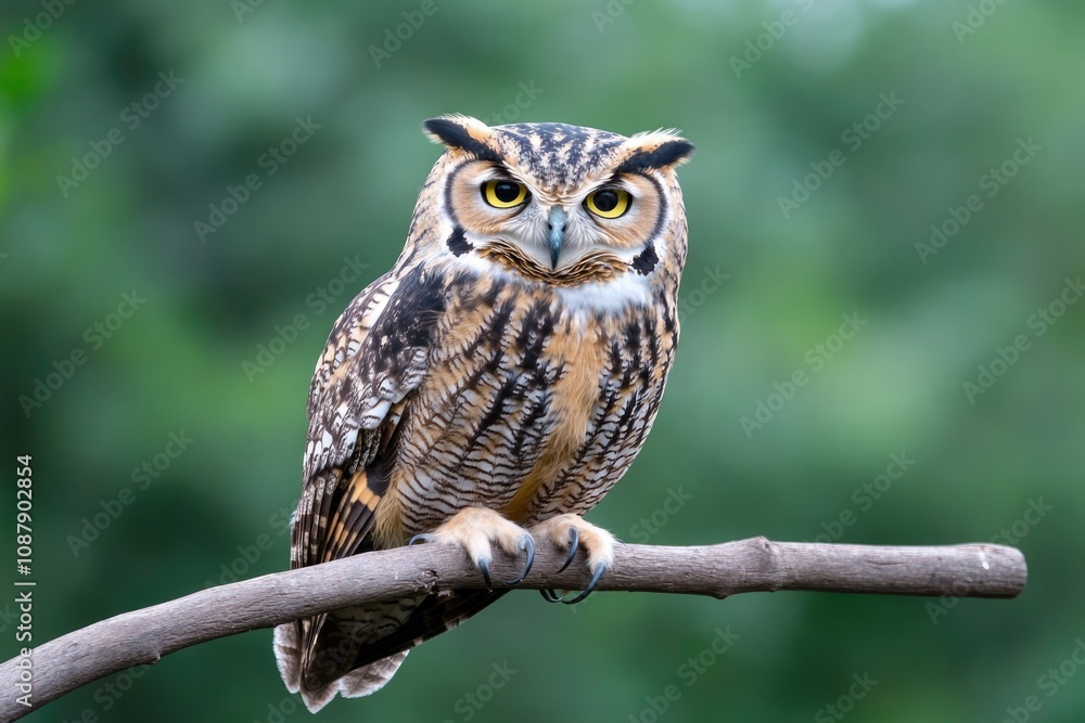 An owl perched on a tree branch in a forest, with leaves and branches surrounding it An owl perched on a tree branch in a forest, with leaves and branches surrounding it