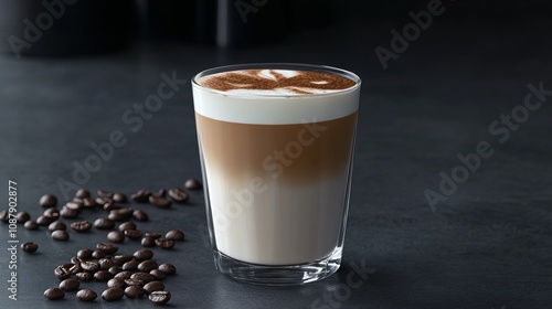 An aromatic latte macchiato served in a transparent glass sits elegantly on a dark grey table. The layered coffee drink showcases a gradient of creamy milk and rich espresso