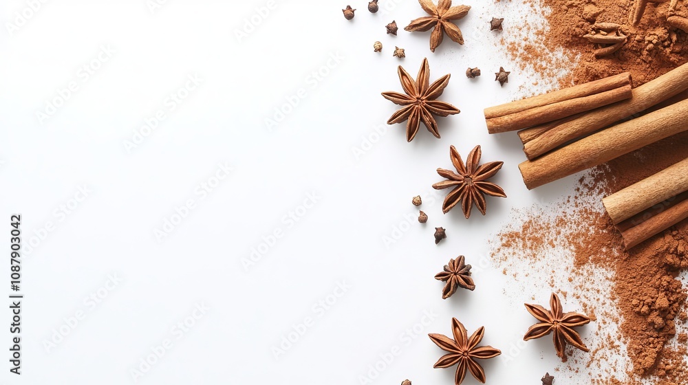 Fragrant cinnamon sticks, ground cinnamon, and star anise elegantly arranged on a clean white background, perfect for a banner design. Fragrant cinnamon sticks, ground cinnamon, and star anise elegantly arranged on a clean white background, perfect for a banner design.