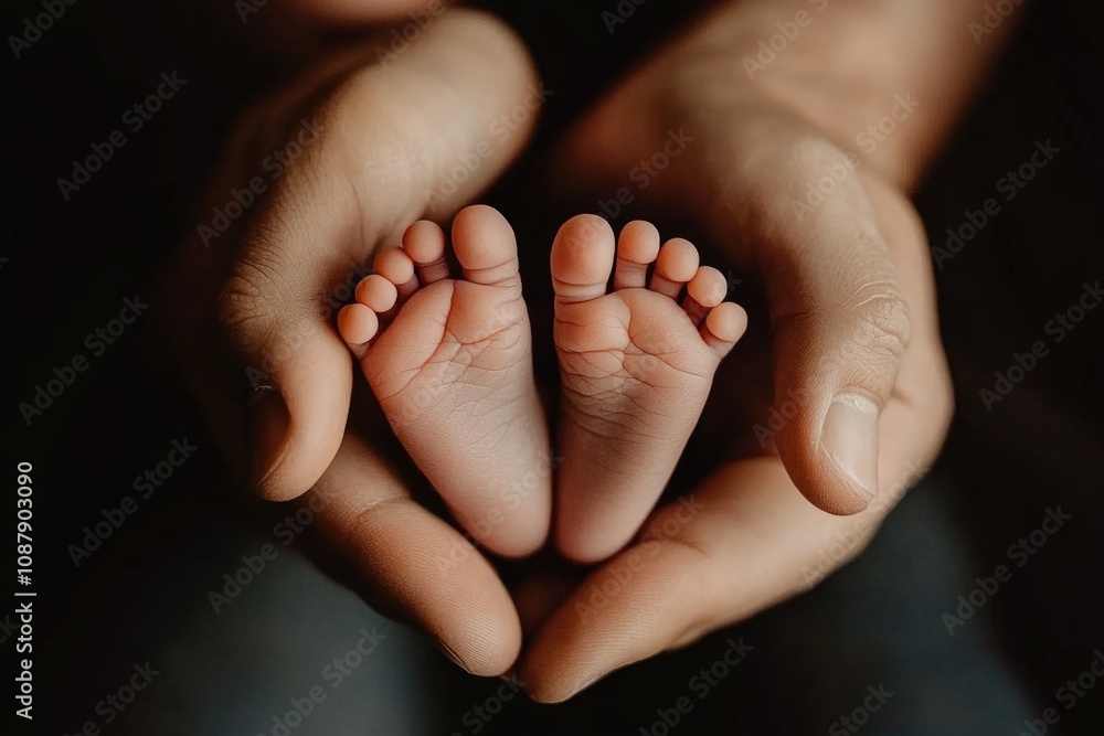 A pair of hands cradling the tiny feet of an infant, conveying love and care A pair of hands cradling the tiny feet of an infant, conveying love and care