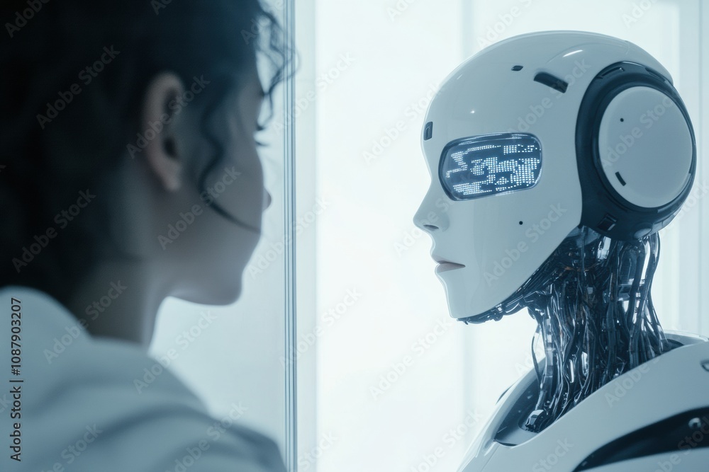 A human examines their reflection in a digital mirror, which displays a robot, highlighting themes of technology and identity. Generative AI A human examines their reflection in a digital mirror, which displays a robot, highlighting themes of technology and identity. Generative AI