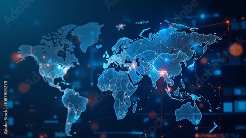 A vibrant digital world map illuminated with glowing nodes and connections at night