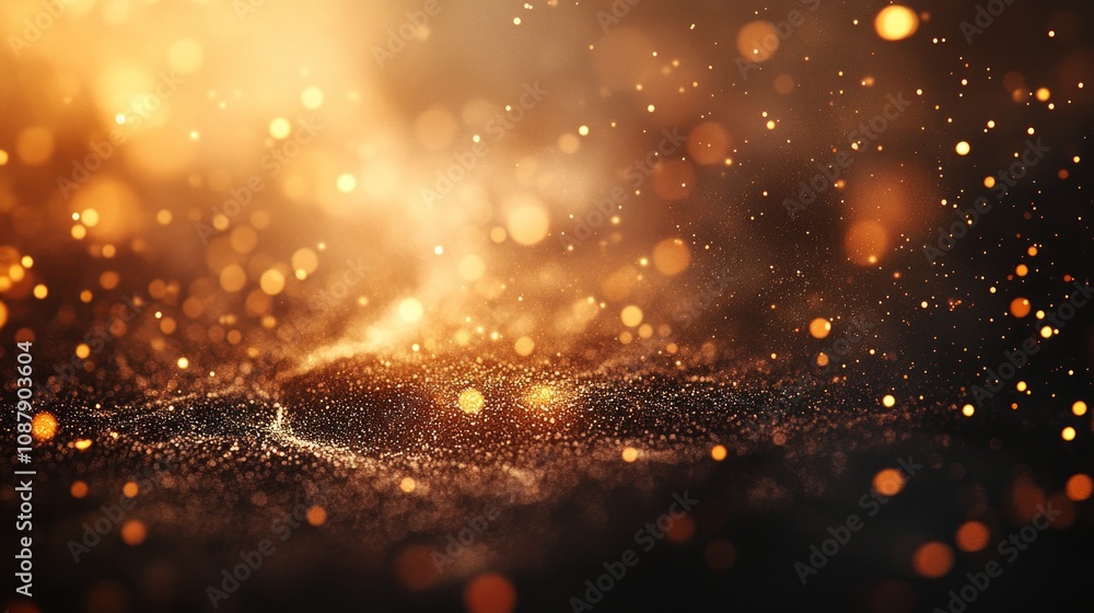 Fototapeta premium Golden bokeh effect lights up a dark bronze background, creating a luxurious and festive atmosphere
