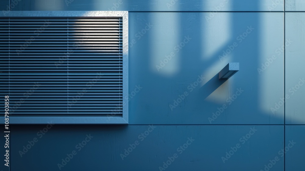 A blue wall with a window and an air conditioner installed on the window frame A blue wall with a window and an air conditioner installed on the window frame