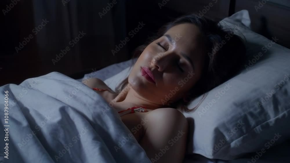 A serene woman sleeping soundly under a blanket in a dimly lit bedroom, depicting calm and restful sleep at night. Vídeo. Horizontal. A serene woman sleeping soundly under a blanket in a dimly lit bedroom, depicting calm and restful sleep at night. Vídeo. Horizontal.